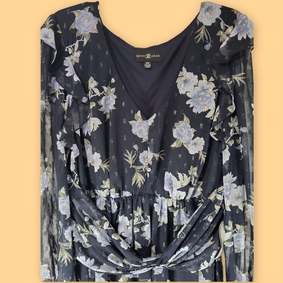 Betsy & Adam Floral Chiffon Ruffle V-Neck Long Sheer Sleeve Dress Size 16W - Picture 3 of 6